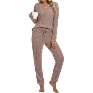 imageANRABESS Lounge Pajama Set for Women 2 Piece Outfit Long Sleeve Knit Henley Top Matching Pant 2025 Fall Travel Sweat ClothingTan