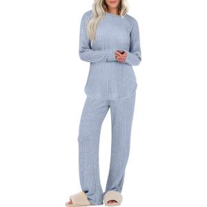 imageANRABESS Womens 2 Piece Lounge Pajama Sets Ribbed Knit Long Sleeve Tunic Tops Matching Pants Casual Fall Sleepwear OutfitsBlue