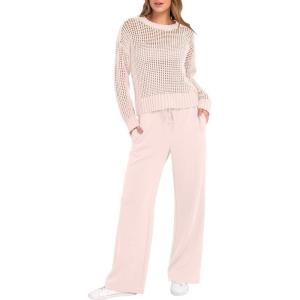 imageANRABESS Womens 2 Piece Outfits Crochet Sheer Knit Sweater Top Wide Leg Pants Lounge Sets Sweatsuit 2025 Fall Travel ClothesBeige Pink