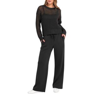 imageANRABESS Womens 2 Piece Outfits Crochet Sheer Knit Sweater Top Wide Leg Pants Lounge Sets Sweatsuit 2025 Fall Travel ClothesBlack