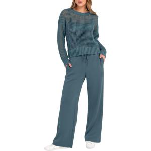 imageANRABESS Womens 2 Piece Outfits Crochet Sheer Knit Sweater Top Wide Leg Pants Lounge Sets Sweatsuit 2025 Fall Travel ClothesDark Teal
