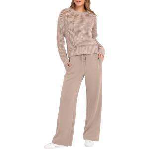 imageANRABESS Womens 2 Piece Outfits Crochet Sheer Knit Sweater Top Wide Leg Pants Lounge Sets Sweatsuit 2025 Fall Travel ClothesLight Brown