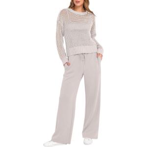 imageANRABESS Womens 2 Piece Outfits Crochet Sheer Knit Sweater Top Wide Leg Pants Lounge Sets Sweatsuit 2025 Fall Travel ClothesLight Khaki