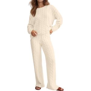 imageANRABESS Womens Fuzzy Fleece Pajama Set 2 Piece Outfits Lounge Cozy Knit Sweater Pj Sets 2025 Fall Winter Loungewear ClothesBeige