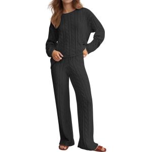 imageANRABESS Womens Fuzzy Fleece Pajama Set 2 Piece Outfits Lounge Cozy Knit Sweater Pj Sets 2025 Fall Winter Loungewear ClothesBlack