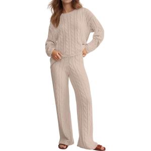 imageANRABESS Womens Fuzzy Fleece Pajama Set 2 Piece Outfits Lounge Cozy Knit Sweater Pj Sets 2025 Fall Winter Loungewear ClothesLight Khaki