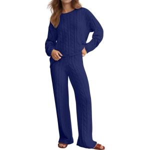 imageANRABESS Womens Fuzzy Fleece Pajama Set 2 Piece Outfits Lounge Cozy Knit Sweater Pj Sets 2025 Fall Winter Loungewear ClothesNavy Blue