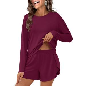 imageANRABESS Womens Long Sleeve Pajama Sets 2025 Fall 2 Piece Outfits Lounge Matching Short Set Striped Pjs Loungewear SleepwearBurgundy