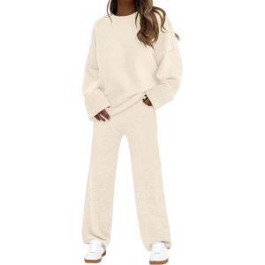 imageANRABESS Womens Pajama Sets Fuzzy Fleece 2 Piece Long Sleeve Sweater Knit Top Wide Leg Pants Lounge Pj Set 2025 Fall OutfitsBeige
