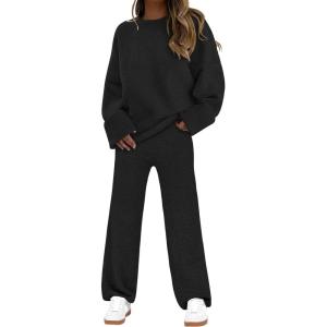 imageANRABESS Womens Pajama Sets Fuzzy Fleece 2 Piece Long Sleeve Sweater Knit Top Wide Leg Pants Lounge Pj Set 2025 Fall OutfitsBlack