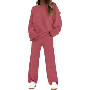 imageANRABESS Womens Pajama Sets Fuzzy Fleece 2 Piece Long Sleeve Sweater Knit Top Wide Leg Pants Lounge Pj Set 2025 Fall OutfitsBrick Red