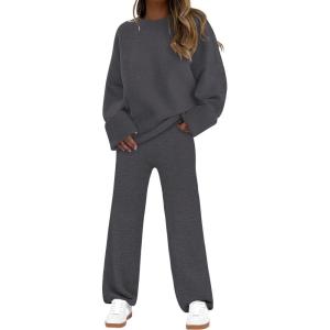 imageANRABESS Womens Pajama Sets Fuzzy Fleece 2 Piece Long Sleeve Sweater Knit Top Wide Leg Pants Lounge Pj Set 2025 Fall OutfitsDeep Gray