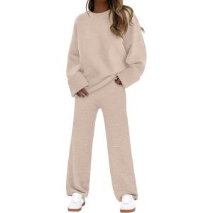 imageANRABESS Womens Pajama Sets Fuzzy Fleece 2 Piece Long Sleeve Sweater Knit Top Wide Leg Pants Lounge Pj Set 2025 Fall OutfitsLight Khaki