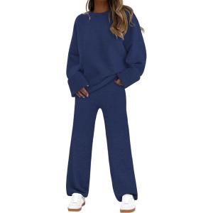 imageANRABESS Womens Pajama Sets Fuzzy Fleece 2 Piece Long Sleeve Sweater Knit Top Wide Leg Pants Lounge Pj Set 2025 Fall OutfitsNavy Blue