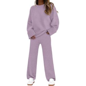 imageANRABESS Womens Pajama Sets Fuzzy Fleece 2 Piece Long Sleeve Sweater Knit Top Wide Leg Pants Lounge Pj Set 2025 Fall OutfitsPurple