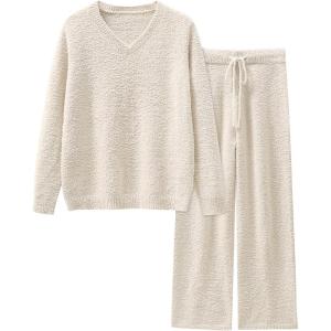 imageANRABESS Womens Pajama Sets Fuzzy Fleece 2 Piece Long Sleeve Tops Wide Leg Pants Lounge Matching Pj Set 2025 Fall OutfitsBeige