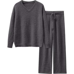 imageANRABESS Womens Pajama Sets Fuzzy Fleece 2 Piece Long Sleeve Tops Wide Leg Pants Lounge Matching Pj Set 2025 Fall OutfitsDeep Grey