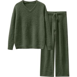 imageANRABESS Womens Pajama Sets Fuzzy Fleece 2 Piece Long Sleeve Tops Wide Leg Pants Lounge Matching Pj Set 2025 Fall OutfitsLawn Green