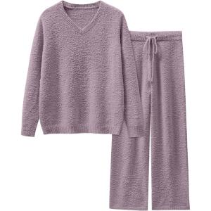 imageANRABESS Womens Pajama Sets Fuzzy Fleece 2 Piece Long Sleeve Tops Wide Leg Pants Lounge Matching Pj Set 2025 Fall OutfitsPurple