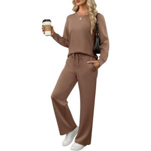 imageANRABESS Womens 2 Piece Lounge Sets Casual Travel Outfits Wide Leg Tracksuit Sweatsuits Matching Set 2025 Fall ClothesBrown