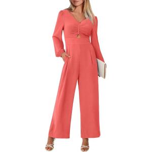 imageANRABESS Womens Long Sleeve Jumpsuit 2025 Fall Wide Leg V Neck Dressy Casual Pants Rompers One Piece Vacation Party OutfitsOrange Red