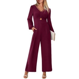 imageANRABESS Womens Long Sleeve Jumpsuit 2025 Fall Wide Leg V Neck Dressy Casual Pants Rompers One Piece Vacation Party OutfitsWine Red