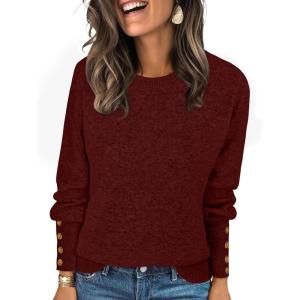 imageANRABESS Sweaters for Women Long Sleeve Crewneck Casual Loose Knit Pullover Tops Button 2025 Fall Fashion Trendy OutfitsRed