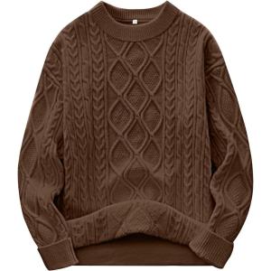 imageANRABESS Women Oversized Chunky Cable Knitted Vintage Sweater 2025 Fall OutfitsBrown