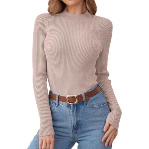 imageANRABESS Womens Long Sleeve Mock Neck Lightweight Sweater Rib Knit Slim Fit 2025 Fall Winter Casual Basic Pullover TopsLighter Apricot