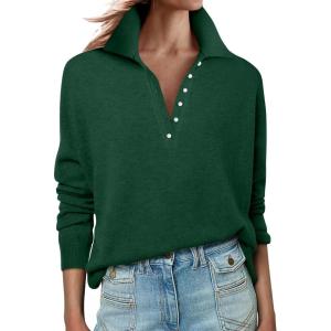 imageANRABESS Womens Long Sleeve Polo Sweaters Knit Button Shirt Lightweight Dressy Casual Basic Pullover Tops 2025 Fall FashionForest Green
