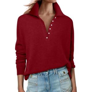 imageANRABESS Womens Long Sleeve Polo Sweaters Knit Button Shirt Lightweight Dressy Casual Basic Pullover Tops 2025 Fall FashionRed