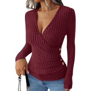 imageANRABESS Womens Long Sleeve Shirts V Neck Sexy Ribbed Knit Slim Fit Button Lightweight Sweater 2025 Fall Casual Work TopsBurgundy