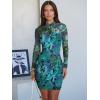 imageANRABESS Womens Sexy Bodycon Mesh Ruched Mini Dresses Mock Neck Slim Fall Long Sleeve Cocktail Party Going Out Short DressGreen Floral