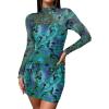 imageANRABESS Womens Sexy Bodycon Mesh Ruched Mini Dresses Mock Neck Slim Fall Long Sleeve Cocktail Party Going Out Short DressGreen Floral