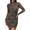 imageANRABESS Womens Sexy Bodycon Mesh Ruched Mini Dresses Mock Neck Slim Fall Long Sleeve Cocktail Party Going Out Short DressLeopard Print
