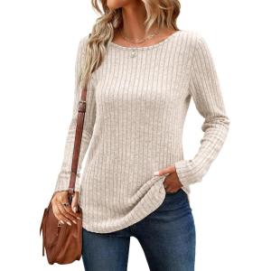 imageANRABESS Long Sleeve Shirts for Women Crewneck Tunic Tops Business Casual Fit Fall Lightweight Sweaters Fashion Clothes 2025Light Khaki