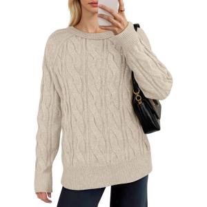 imageANRABESS Sweaters for Women Long Sleeve Crewneck Cable Knit Casual Loose Pullover Tops 2025 Trendy Fall Vintage OutfitsAlmond