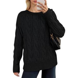 imageANRABESS Sweaters for Women Long Sleeve Crewneck Cable Knit Casual Loose Pullover Tops 2025 Trendy Fall Vintage OutfitsBlack