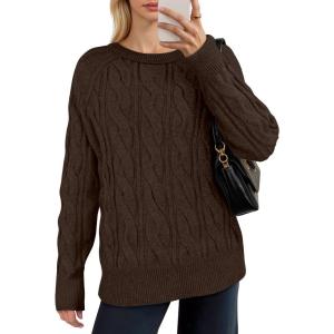 imageANRABESS Sweaters for Women Long Sleeve Crewneck Cable Knit Casual Loose Pullover Tops 2025 Trendy Fall Vintage OutfitsCoffee