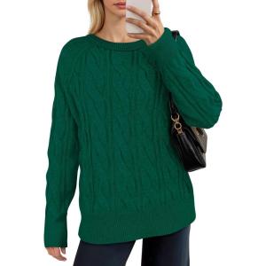 imageANRABESS Sweaters for Women Long Sleeve Crewneck Cable Knit Casual Loose Pullover Tops 2025 Trendy Fall Vintage OutfitsForest Green