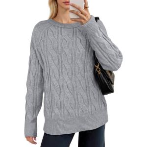 imageANRABESS Sweaters for Women Long Sleeve Crewneck Cable Knit Casual Loose Pullover Tops 2025 Trendy Fall Vintage OutfitsGrey