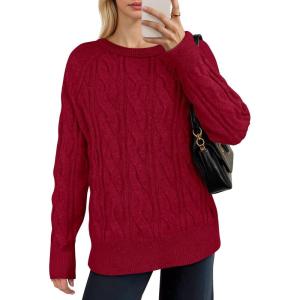 imageANRABESS Sweaters for Women Long Sleeve Crewneck Cable Knit Casual Loose Pullover Tops 2025 Trendy Fall Vintage OutfitsRed