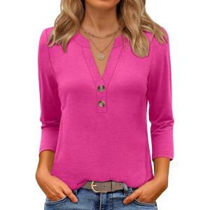 imageANRABESS Women 34 Length Sleeve Henley Tops V Neck Business Casual Work T Shirts 2025 Fall Outfits Fashion ClothesHot Pink