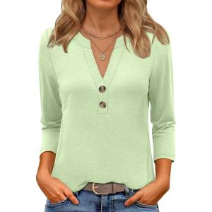 imageANRABESS Women 34 Length Sleeve Henley Tops V Neck Business Casual Work T Shirts 2025 Fall Outfits Fashion ClothesLight Green