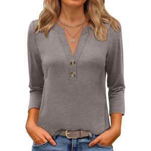 imageANRABESS Women 34 Length Sleeve Henley Tops V Neck Business Casual Work T Shirts 2025 Fall Outfits Fashion ClothesLight Taupe