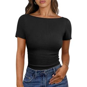 imageANRABESS Women Boat Neck Tops Short Sleeve TShirts Ribbed Knit Tight Fitted Basic Tees Shirts 2025 Summer ClothesBlack