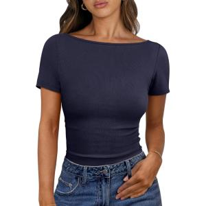 imageANRABESS Women Boat Neck Tops Short Sleeve TShirts Ribbed Knit Tight Fitted Basic Tees Shirts 2025 Summer ClothesNavy Blue