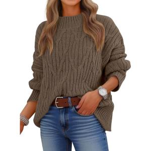 imageANRABESS Women Mock Turtle Neck Sweater Tunic Long Sleeve Cable Knit Casual Loose Work Pullover Tops 2025 Fall Winter OutfitsCoffee
