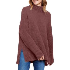 imageANRABESS Women Oversized Turtleneck Long Sleeve Spilt Fuzzy Knit Chunky 2025 Fall Pullover Sweaters Tops Winter Warm ClothesRed Brown