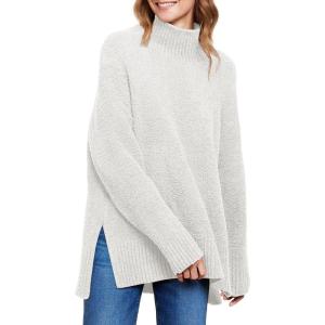 imageANRABESS Women Oversized Turtleneck Long Sleeve Spilt Fuzzy Knit Chunky 2025 Fall Pullover Sweaters Tops Winter Warm ClothesWhite